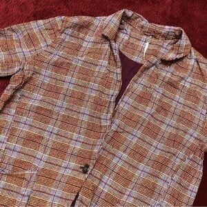 Free People 🖤 Linen Blend Plaid Blazer Jacket, Burgundy Yellow, Sz M L XL*